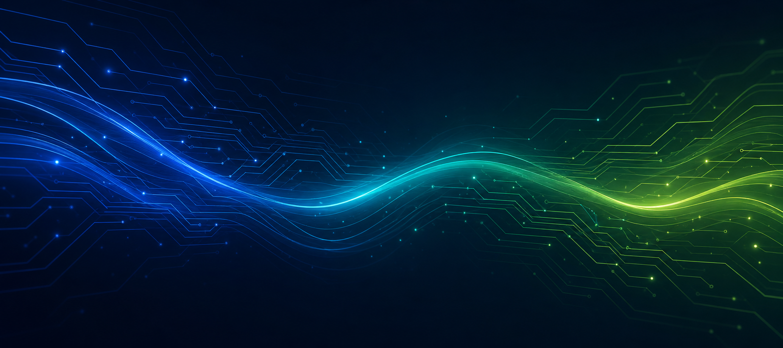 Abstract circuit-board gradient flowing from blue through teal to lime green, representing RexTech Solution's software engineering and automation services
